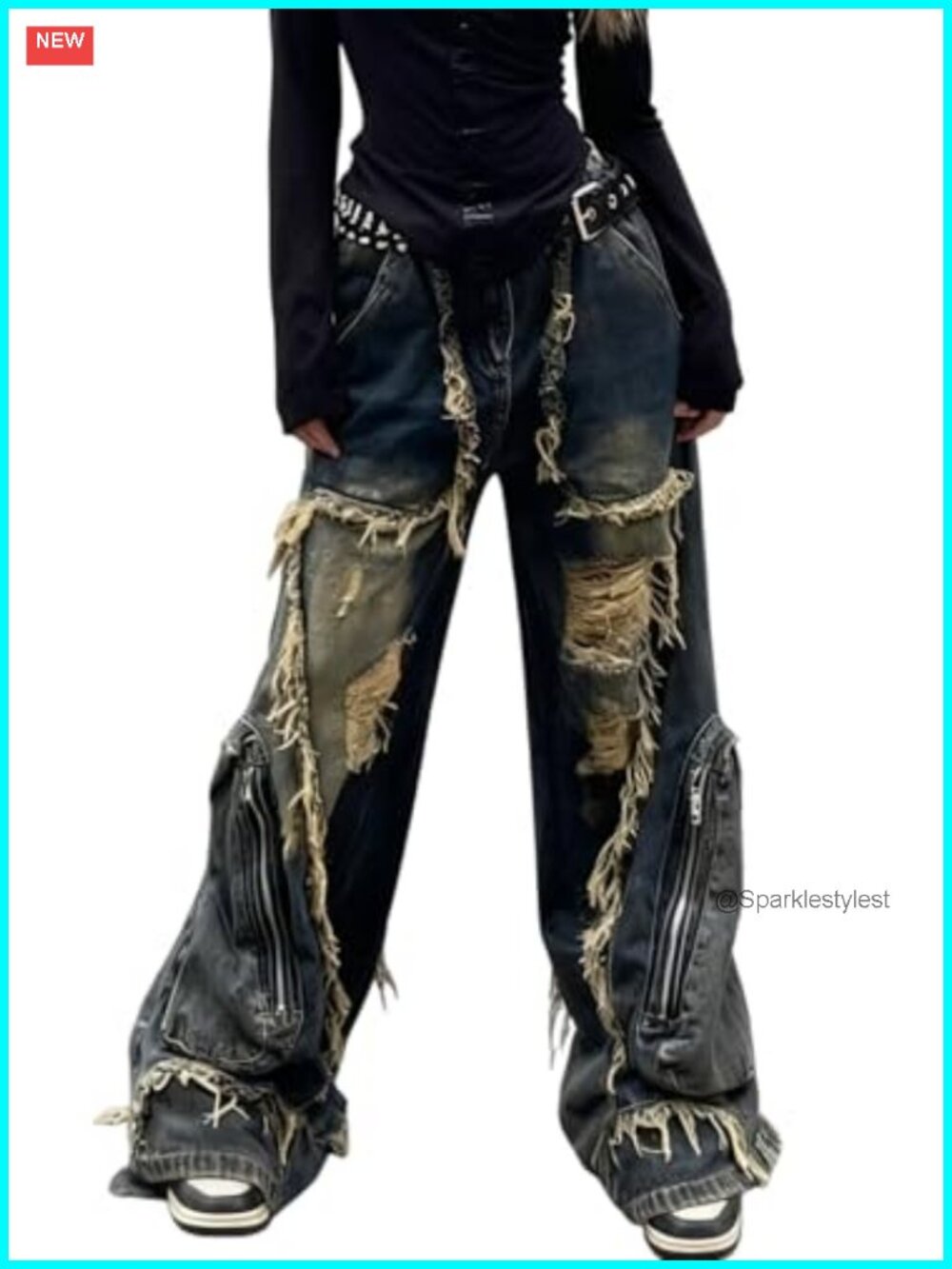 Y2K Baggy Wide Leg Distressed Cargo Jeans with Tassel